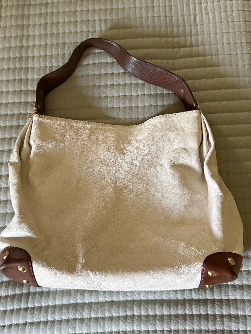 Michael Kors Cream Leather Shoulder Bag With Brown Accents